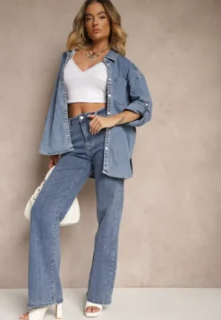 Niebieska Jeansowa Koszula z Wiskozą o Kroju Oversize Ulariela
