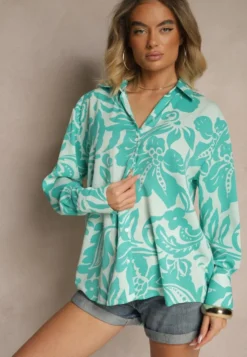 Niebieska Koszula Oversize w Kwiatowy Print Boinea