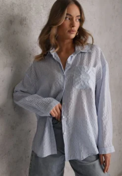 Niebieska Koszula Oversize z Tencelu w Paski z Haftowanym Wzorem Tidore