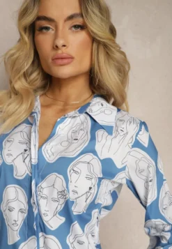 Niebieska Koszula z Artystycznym Printem w Twarze Frumelia