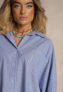 Niebieska Koszula z Bawełny o Kroju Oversize w Prążki ze Ściągaczem w Pasie Neoritia