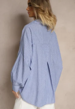 Niebieska Koszula z Bawełny o Kroju Oversize w Prążki ze Ściągaczem w Pasie Neoritia