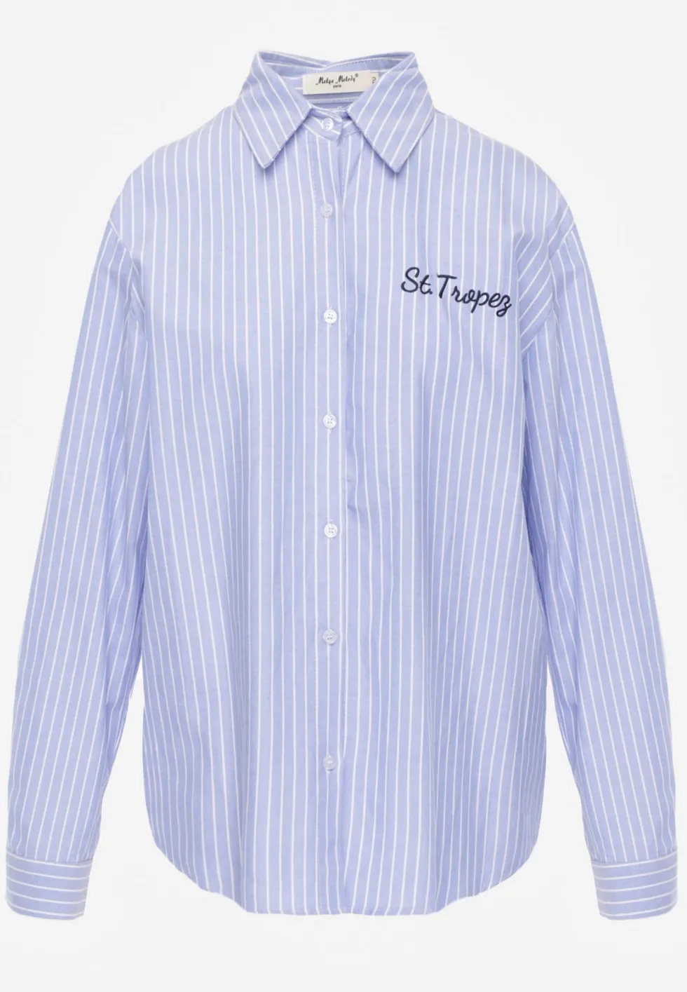 Niebieska Koszula z Bawełną z Haftowanym Napisem i Wzorem w Cienkie Paski Iannes