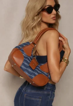 Niebieska Mała Torebka Baguette Ozdobiona Wstawką z Jeansu Qarama
