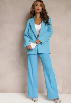 Niebieska Marynarka Oversize Niezapinana Charme