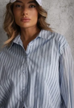 Niebieska Oversizowa Koszula z Bawełny w Pionowe Paseczki z Gumką Kadink