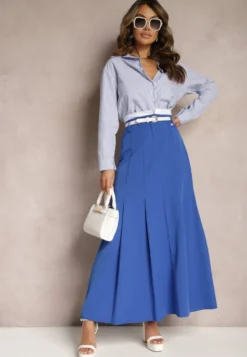 Niebieska Spódnica Długa Rozkloszowana High Waist Leoraia