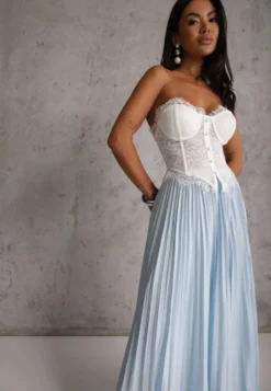 Niebieska Spódnica High Waist Zdobiona Drobnym Plisowaniem Aniope