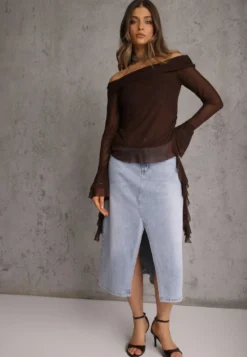 Niebieska Spódnica Jeansowa z Bawełną High Waist i Rozcięciem na Nogę Cinadessa