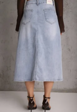 Niebieska Spódnica Jeansowa z Bawełną High Waist i Rozcięciem na Nogę Cinadessa