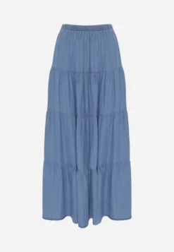 Niebieska Spódnica Rozkloszowana z Lyocellu High Waist Ozdobiona Falbanami Ravienne