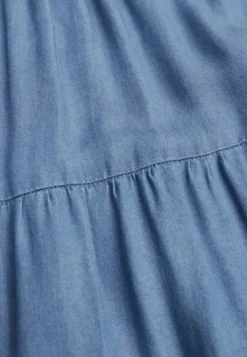 Niebieska Spódnica Rozkloszowana z Lyocellu High Waist Ozdobiona Falbanami Ravienne
