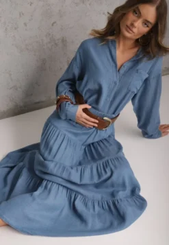 Niebieska Spódnica Rozkloszowana z Lyocellu High Waist Ozdobiona Falbanami Ravienne