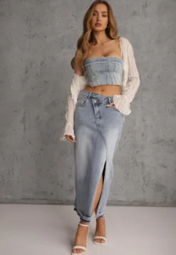 Niebieska Spódnica z Jeansu z Bawełną High Waist o Asymetrycznym Kroju Vikisla