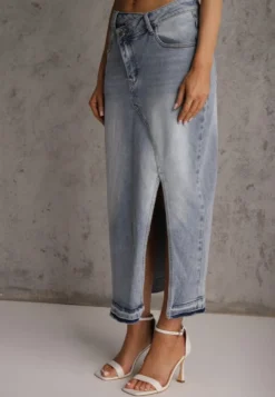 Niebieska Spódnica z Jeansu z Bawełną High Waist o Asymetrycznym Kroju Vikisla