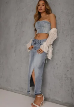 Niebieska Spódnica z Jeansu z Bawełną High Waist o Asymetrycznym Kroju Vikisla