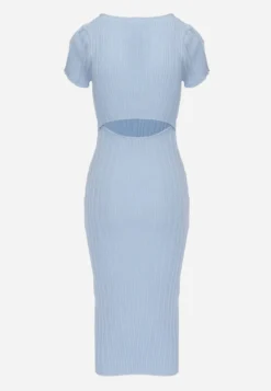 Niebieska Sukienka Bodycon z Kwadratowym Dekoltem i Ozdobnym Wycięciem na Plecach Scriptos