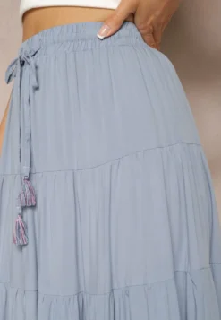 Niebieska Wiskozowa Spódnica High Waist o Rozkloszowanym Kroju z Wiązaniem i Gumką w Talii Leceviana