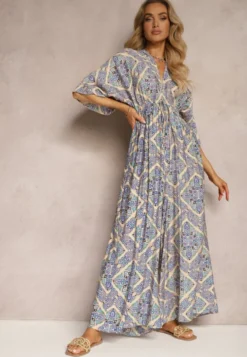 Niebieski Boho Kombinezon z Wiązaniem na Plecach z Gumką w Pasie i Długimi Nogawkami Sopolia