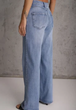 Niebieskie Bawełniane Jeansy High Waist z Szerokimi Nogawkami Zaeherris