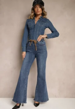 Niebieskie Bawełniane Jeansy Dzwony High Waist Ozdobione Sznurkiem Sovirra