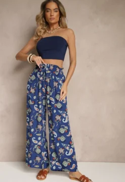 Niebieskie Bawełniane Spodnie Boho w Stylu Palazzo z Gumką w Pasie i Wysokim Stanem Pravia