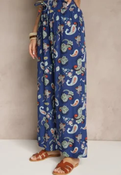 Niebieskie Bawełniane Spodnie Boho w Stylu Palazzo z Gumką w Pasie i Wysokim Stanem Pravia