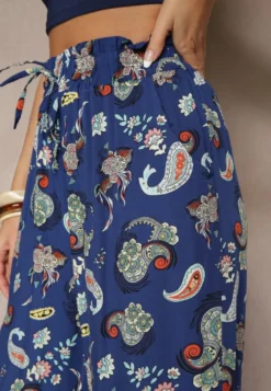 Niebieskie Bawełniane Spodnie Boho w Stylu Palazzo z Gumką w Pasie i Wysokim Stanem Pravia