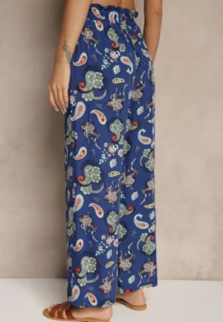 Niebieskie Bawełniane Spodnie Boho w Stylu Palazzo z Gumką w Pasie i Wysokim Stanem Pravia