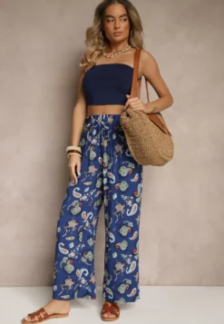 Niebieskie Bawełniane Spodnie Boho w Stylu Palazzo z Gumką w Pasie i Wysokim Stanem Pravia