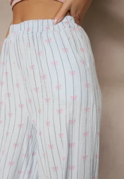 Niebieskie Bawełniane Spodnie Szerokie High Waist w Paski i Kokardy Reivira