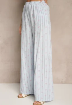Niebieskie Bawełniane Spodnie Szerokie High Waist w Paski i Kokardy Reivira