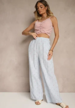Niebieskie Bawełniane Spodnie Szerokie High Waist w Paski i Kokardy Reivira