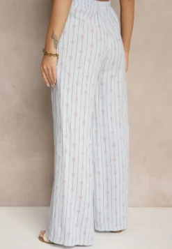 Niebieskie Bawełniane Spodnie Szerokie High Waist w Paski i Kokardy Reivira