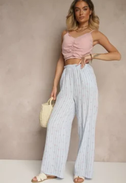 Niebieskie Bawełniane Spodnie Szerokie High Waist w Paski i Kokardy Reivira