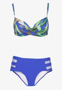 Niebieskie Bikini Biustonosz w Liście i Majtki Figi z Siateczkowymi Wstawkami Kinalea