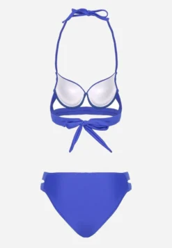 Niebieskie Bikini Majtki Figi z Wycięciami i Biustonosz z Ozdobnymi Paskami Kinalana