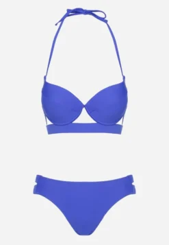 Niebieskie Bikini Majtki Figi z Wycięciami i Biustonosz z Ozdobnymi Paskami Kinalana