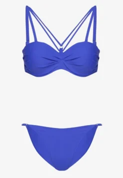 Niebieskie Bikini Majtki Typu Figi i Biustonosz z Ozdobnymi Paskami Fadelinna
