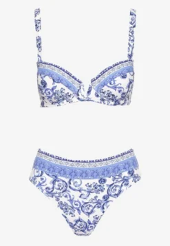 Niebieskie Bikini Zdobione Ornamentalnym Printem Biustonosz i Figi Mirulea