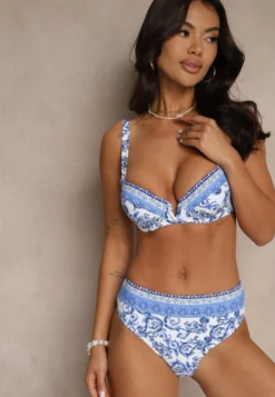 Niebieskie Bikini Zdobione Ornamentalnym Printem Biustonosz i Figi Mirulea