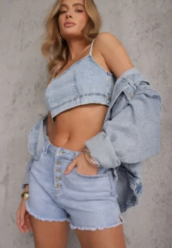 Niebieskie Casualowe Szorty Jeansowe High Waist Ozdobione Guzikami Leviana