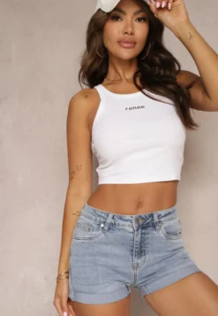 Niebieskie Denimowe Szorty High Waist z Przetarciami Ofilfea