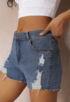 Niebieskie Dopasowane Szorty Jeansowe z Przedarciami Doreya