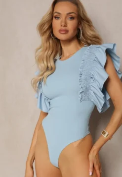 Niebieskie Eleganckie Body z Bawełny z Zapięciem na Napy Wykończone Falbankami Iilines