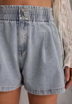 Niebieskie Jeansowe Szorty Casual z Bawełny Luźne z Gumką w Pasie Illiara