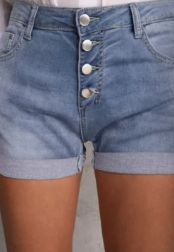 Niebieskie Jeansowe Szorty High Waist z Bawełną Wykończone Guzikami Nelithra
