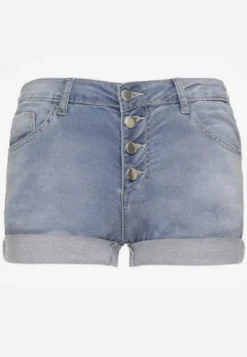 Niebieskie Jeansowe Szorty High Waist z Bawełną Wykończone Guzikami Nelithra