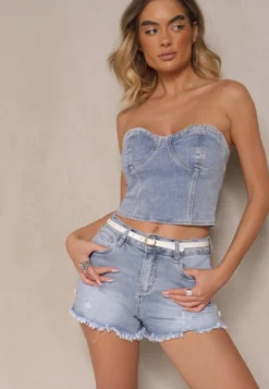 Niebieskie Jeansowe Szorty High Waist z Ozdobnymi Przetarciami i Cyrkoniami Nordis