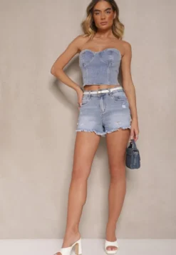 Niebieskie Jeansowe Szorty High Waist z Ozdobnymi Przetarciami i Cyrkoniami Nordis